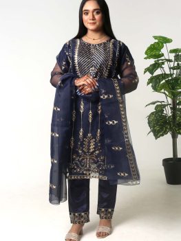 Gold Zari Embroidered Organza Dress - Stitched 3 Piece